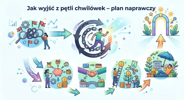 Ilustracja przedstawia schemat oddłużania: od analizy problemu, przez wyjście z pętli zadłużenia, do stabilizacji finansowej i bezpieczeństwa.