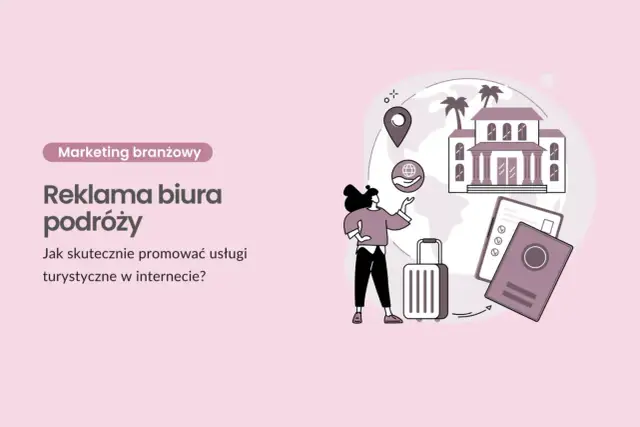 Ilustracja przedstawia kobietę z walizką, paszportem i ikonami podróży na tle globu.