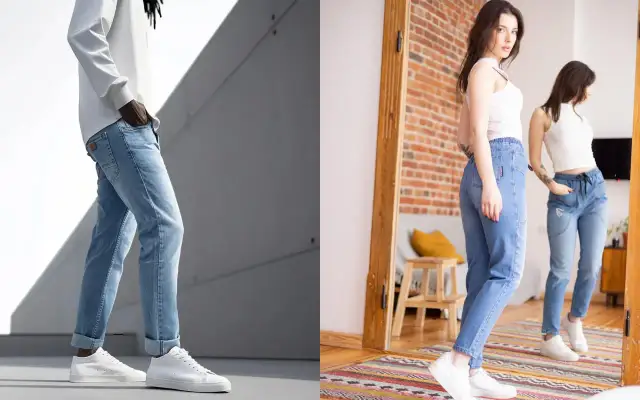 Mężczyzna i kobieta w jasnych jeansach, prezentujący wygodę i styl.