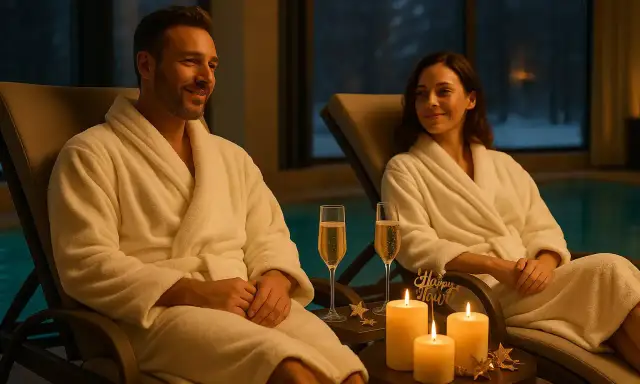 Para w szlafrokach relaksuje się przy basenie, pijąc szampana, przy świecach.