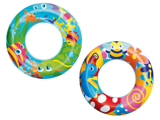 Dwa kolorowe koła do pływania Bestway z motywami zwierzątek: jedno z morskimi stworzeniami, drugie z owadami i kwiatami.