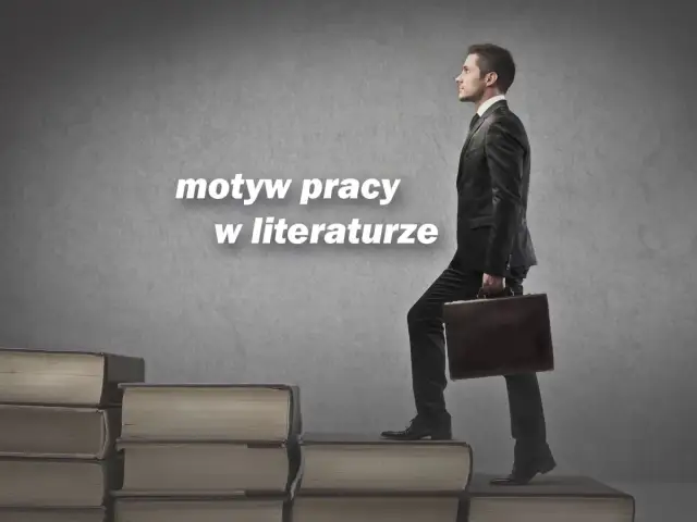 Mężczyzna w garniturze wspina się po schodach z książek, symbolizując motyw pracy w literaturze.