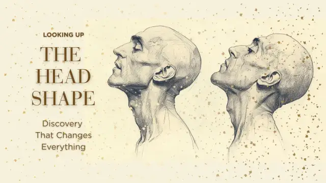 Dwa szkice głów z profilu, patrzących w górę. Tekst: "Looking Up The Head Shape". Zastanawiasz się, ile głowa ma cm długości?