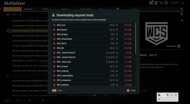Okno gry Arma 3 z listą pobieranych modów i informacją o połączeniu z serwerem.