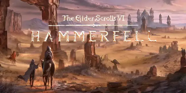 Krajobraz Hammerfell z gry The Elder Scrolls VI. Postacie wędrują przez pustynię w kierunku miasta.