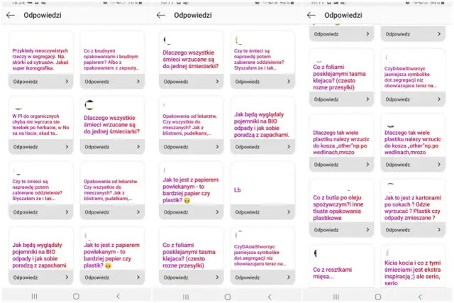 Widok ekranu telefonu z wieloma kartami pytań i odpowiedzi dotyczących segregacji śmieci.