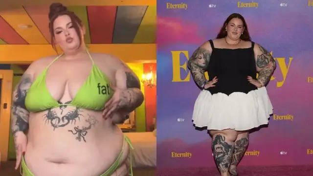 Modelka plus-size w bikini i w czarno-białej sukience na tle dywanu.