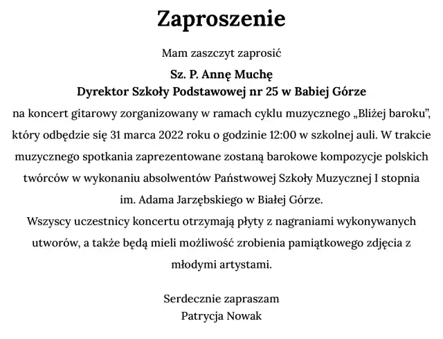 Zaproszenie na koncert gitarowy z barokowymi kompozycjami.