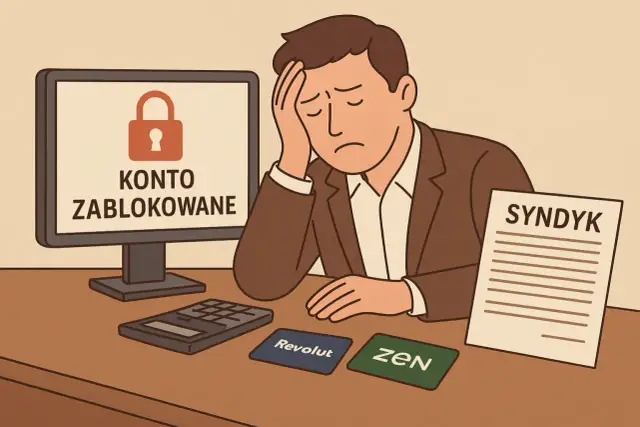 Zablokowane konto i dokument "SYNDYK" na biurku. Osoba po ogłoszeniu upadłości musi zmierzyć się z nowymi obowiązkami.