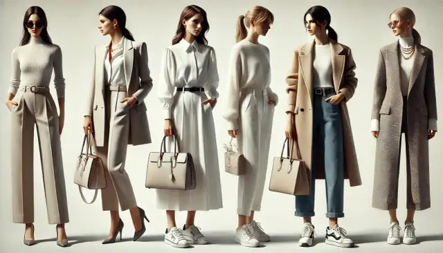 Sześć kobiet prezentuje stylizacje smart casual damski na imprezę: eleganckie spodnie, płaszcze, sukienki i stylowe torebki.