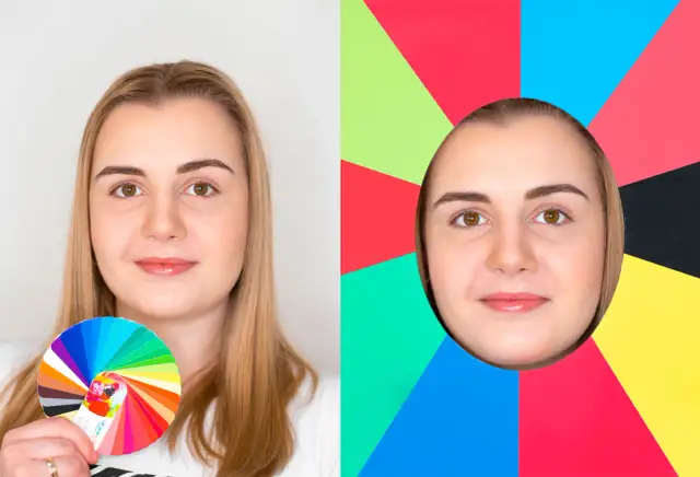 Kobieta z kołem kolorów i jej twarz w otoczeniu żywych barw. Czysta wiosna kolory podkreślają jej urodę.