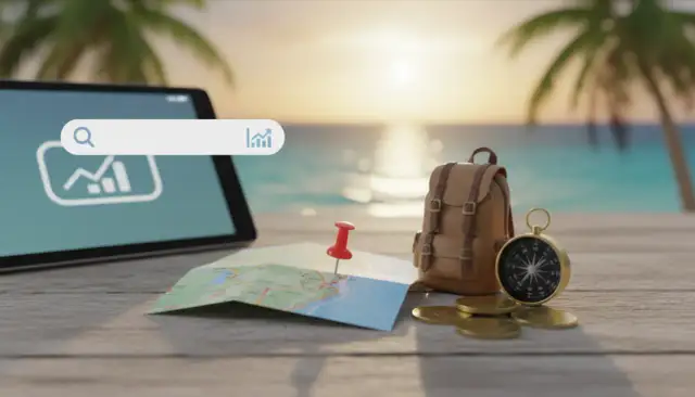 Tablet z wyszukiwarką, mapa, plecak, kompas i monety na tle plaży.