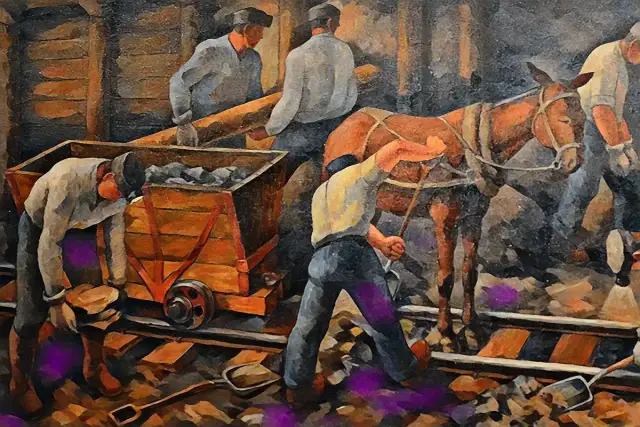 Górnicy w kopalni, jak w legendzie o Olkuszu, ładują węgiel do wozu ciągniętego przez konia.