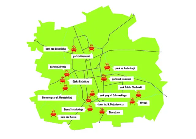 Mapa miejsc, gdzie na grilla: parki i skwery z zaznaczonymi miejscami do grillowania.