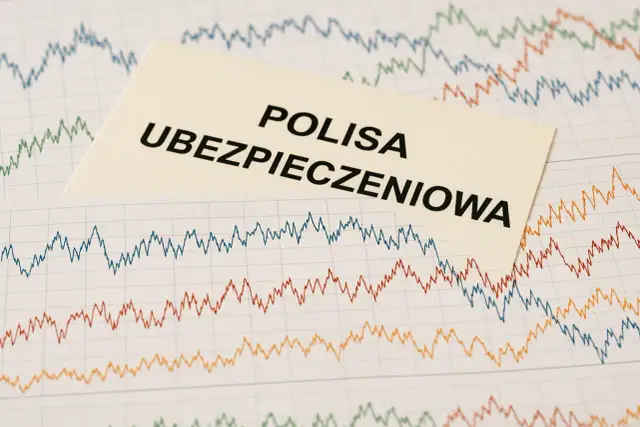 Karta z napisem "POLISA UBEZPIECZENIOWA" na tle wykresów giełdowych. To pokazuje, co to jest ubezpieczeniowy fundusz kapitałowy.