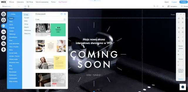 Panel boczny edytora Wix z opcjami dodawania elementów, w tym sekcji "O nas".
