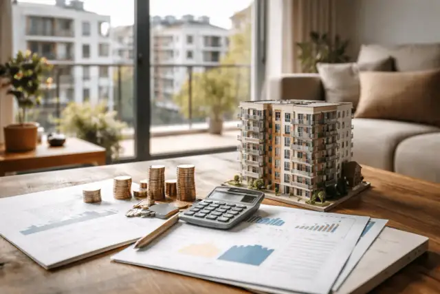 Model budynku, stosy monet, kalkulator i wykresy na drewnianym stole.