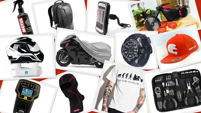 Kask, plecak, pokrowiec na motocykl, ładowarka, rękawica, zegarek, czapka i zestaw narzędzi – to wszystko akcesoria dla motocyklisty.