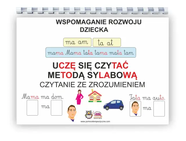 Pomoc w nauce czytania metodą sylabową. Dziecko uczy się czytać ze zrozumieniem, ćwicząc sylaby i proste zdania.