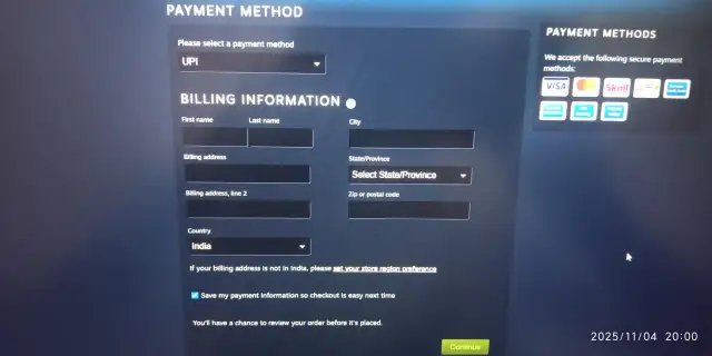 Formularz Steam do wprowadzania danych rozliczeniowych, z zaznaczoną opcją płatności UPI i krajem Indie.