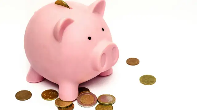 Różowa świnka skarbonka z monetami na białym tle.