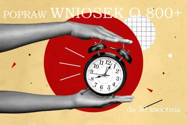 Dwie dłonie trzymają budzik na tle czerwonego koła i żółtego tła.