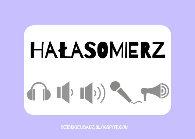 Grafika z napisem "HAŁASOMIERZ" i ikonami: słuchawki, głośniki, mikrofon, megafon. Idealne do zabaw wyciszających w przedszkolu.