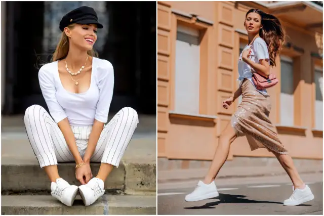 Dwie kobiety w modnych stylizacjach, obie w białych sneakersach.