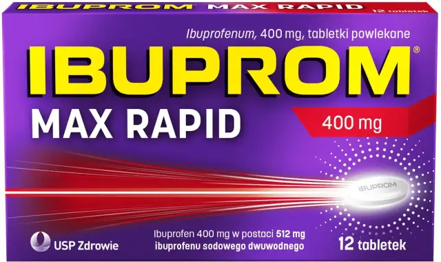 Opakowanie Ibuprom Max Rapid 400 mg. Czy Ibuprom i ibuprofen to to samo? Tak, Ibuprom zawiera ibuprofen.
