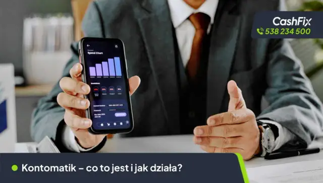 Mężczyzna w garniturze pokazuje smartfon z wykresem wydatków. Aplikacja Kontomatik współpracuje z wieloma bankami, ułatwiając zarządzanie finansami.