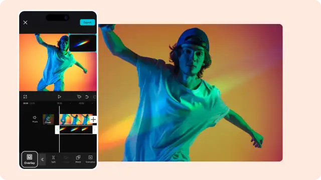 Edytor wideo pokazuje, jak zrobic zdjecie z filmiku. Widoczny jest kadr z tańczącym chłopakiem w neonowych barwach i opcje edycji.