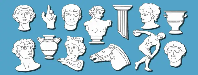 Stylizowane białe rzeźby antyczne: popiersia, waza, kolumna, koń, dyskobol.