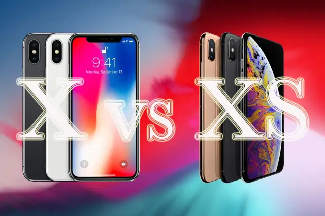 Porównanie iPhone X vs XS: dwa rzędy smartfonów Apple w różnych kolorach, z dużym napisem "X VS XS" na pierwszym planie.