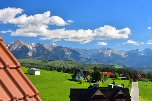 Widok na góry Tatry z zielonymi łąkami i domami w Rzepiskach.