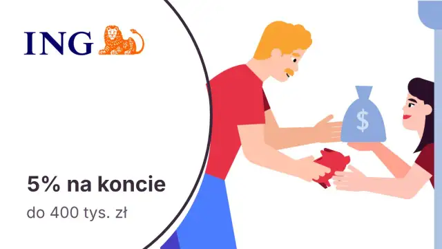ING oferuje 5% na koncie oszczędnościowym do 400 tys. zł. Para wymienia skarbonkę na worek pieniędzy.