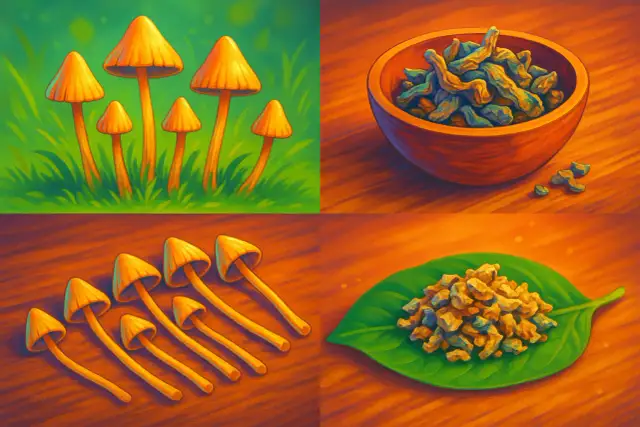 Ilustracja przedstawia cztery obrazy: grzyby w trawie, miskę z suszonymi grzybami, grzyby na drewnie i grzyby na liściu.