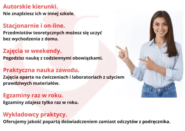 Szkoła policealna co to? Dowiedz się o autorskich kierunkach, nauce stacjonarnie i online, zajęciach w weekendy, praktycznej nauce zawodu, egzaminach raz w roku i wykładowcach praktykach.