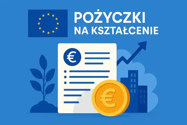 Flaga UE, dokument z symbolem euro, roślina i moneta symbolizują pożyczkę, która dostanie każdy, wspierając rozwój.