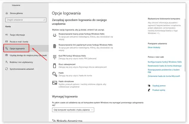 Ustawienia konta Windows: opcje logowania, gdzie można zmienić hasło na komputerze, ustawić PIN lub hasło obrazkowe.