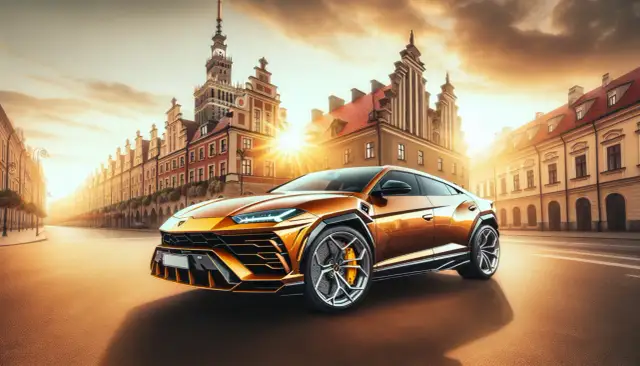 Złoty Lamborghini Urus na tle zabytkowej ulicy. Zastanawiasz się, ile kosztuje Lamborghini Urus? Ten luksusowy SUV zachwyca designem i mocą.