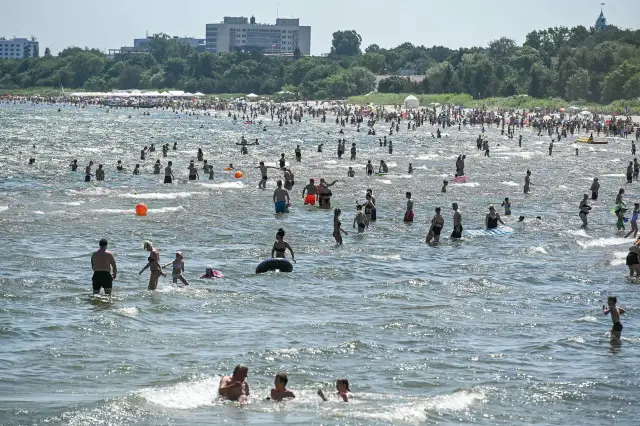 Tłum ludzi kąpiących się w Bałtyku, na tle plaży z parasolami i budynków.