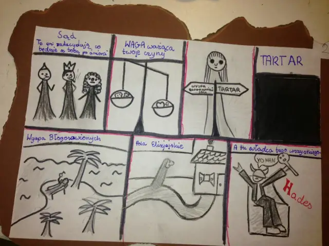 Komiks o Syzyfie: Sąd, waga czynów, rozdroża do Tartaru, Wyspa Błogosławionych, Pola Elizejskie i Hades.