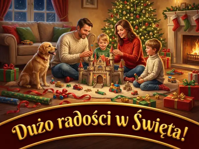 Rodzina buduje zamek z klocków przy choince, piesek patrzy. Wesołych Świąt!