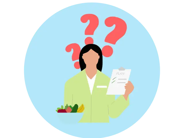 Kobieta z miską warzyw i planem w ręku, nad nią znaki zapytania.