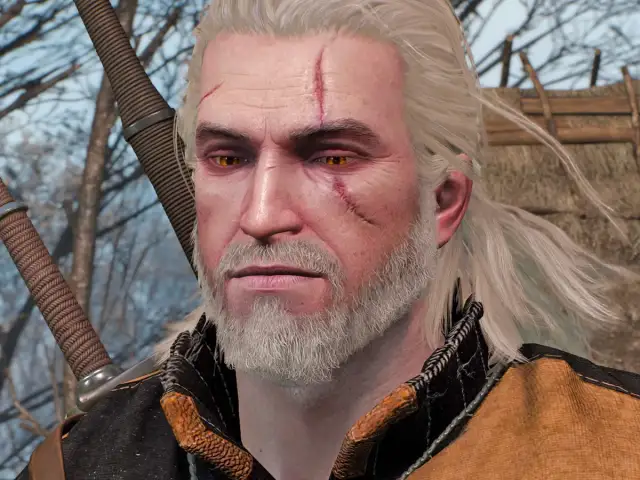 Geralt z Rivii, bohater Wiedźmin 3, z bliznami na twarzy i mieczem za plecami, wygląda jakby szykował się na kolejną przygodę.