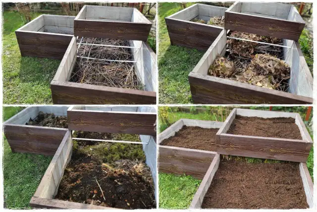 Cztery etapy tworzenia kompostownika z drewnianych grządek podwyższonych warstw: od gałęzi po gotową ziemię.