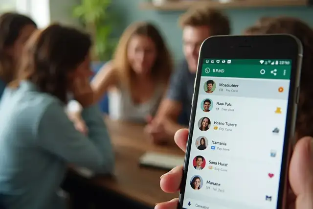 Osoba trzyma telefon z listą kontaktów WhatsApp, pokazując, jak zrobić ankietę na WhatsAppie. W tle widać grupę przyjaciół.