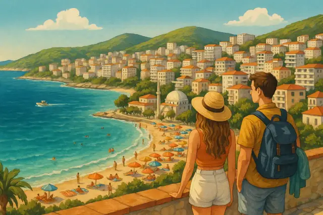 Para planująca wakacje, zastanawia się, czy Albania jest droga, podziwiając malowniczą plażę i miasteczko.