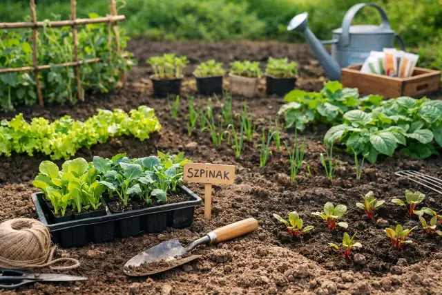 Sadzonki warzyw w gruncie, łopatka, sznurek i konewka w ogrodzie.