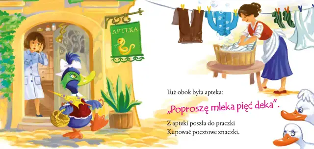 Kaczka Dziwaczka w aptece, obok praczka. Jelonki patrzą, jak praczka pierze.